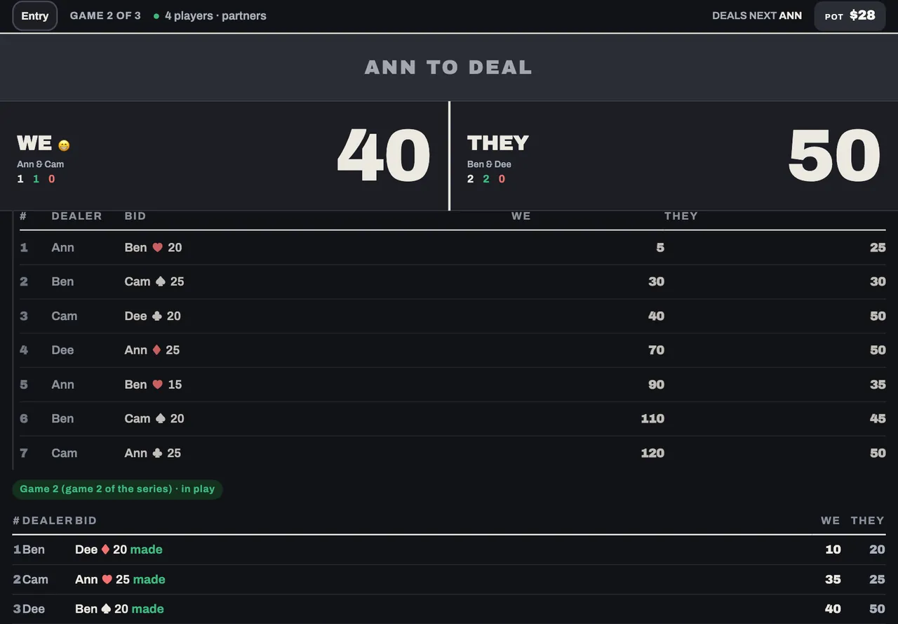 The ScoreKeep board on a tablet: each side's score, running totals and the deal history