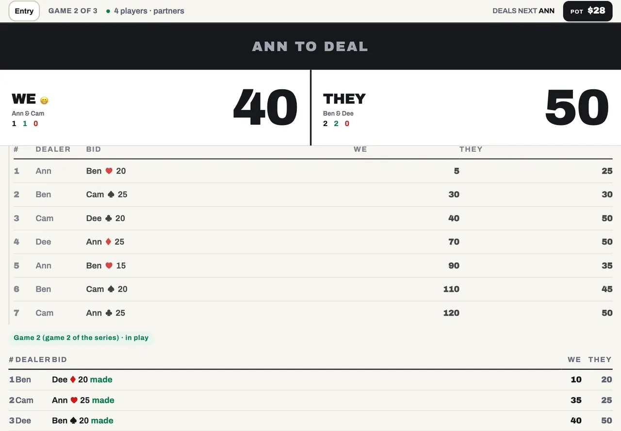 The ScoreKeep board on a tablet: each side's score, running totals and the deal history