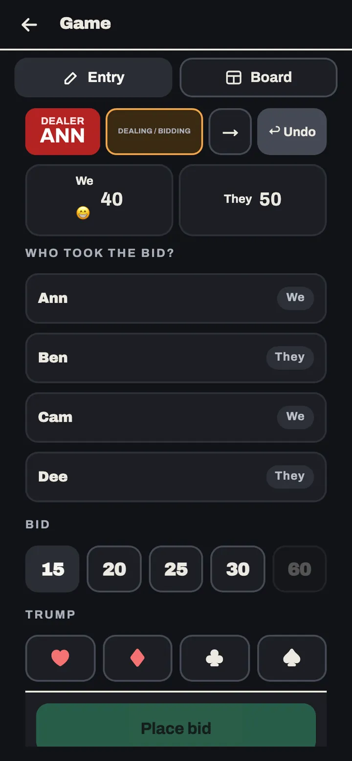 ScoreKeep on a phone: entering a deal, with the bid, the suit and each side's points