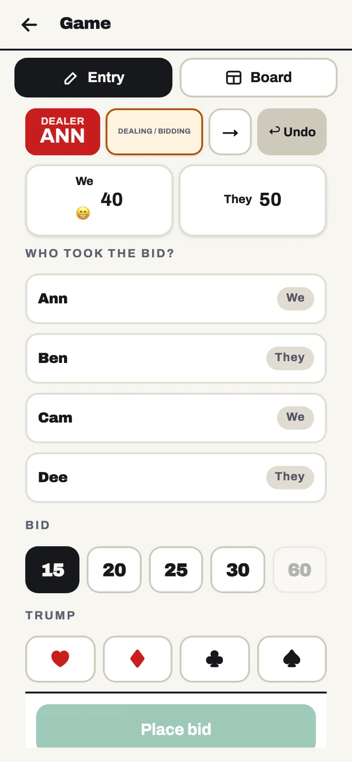 ScoreKeep on a phone: entering a deal, with the bid, the suit and each side's points