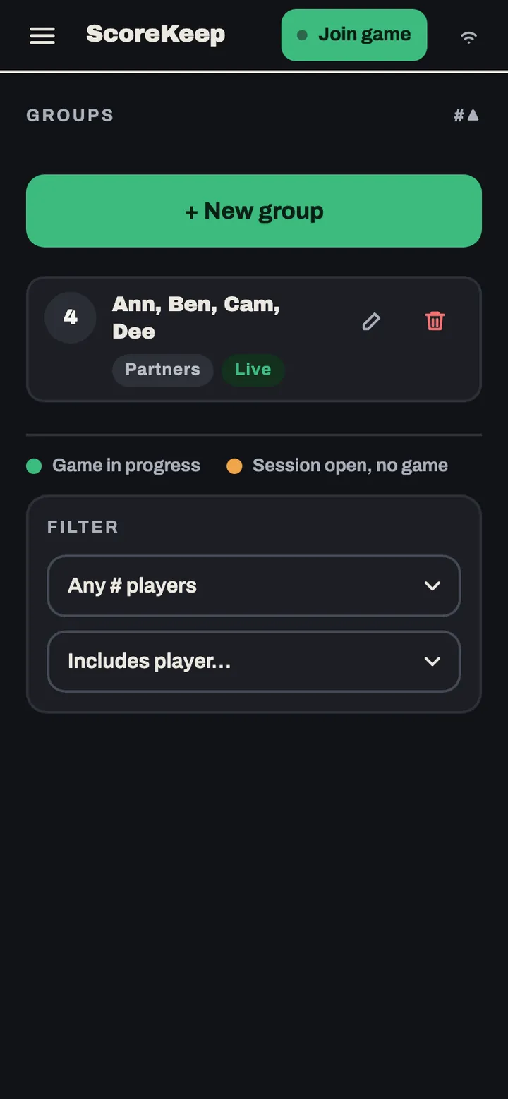 The ScoreKeep home screen with groups