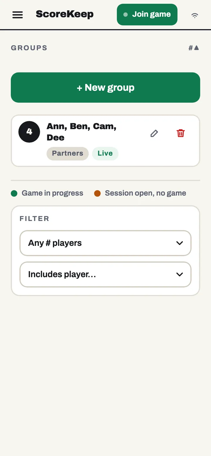 The ScoreKeep home screen with groups